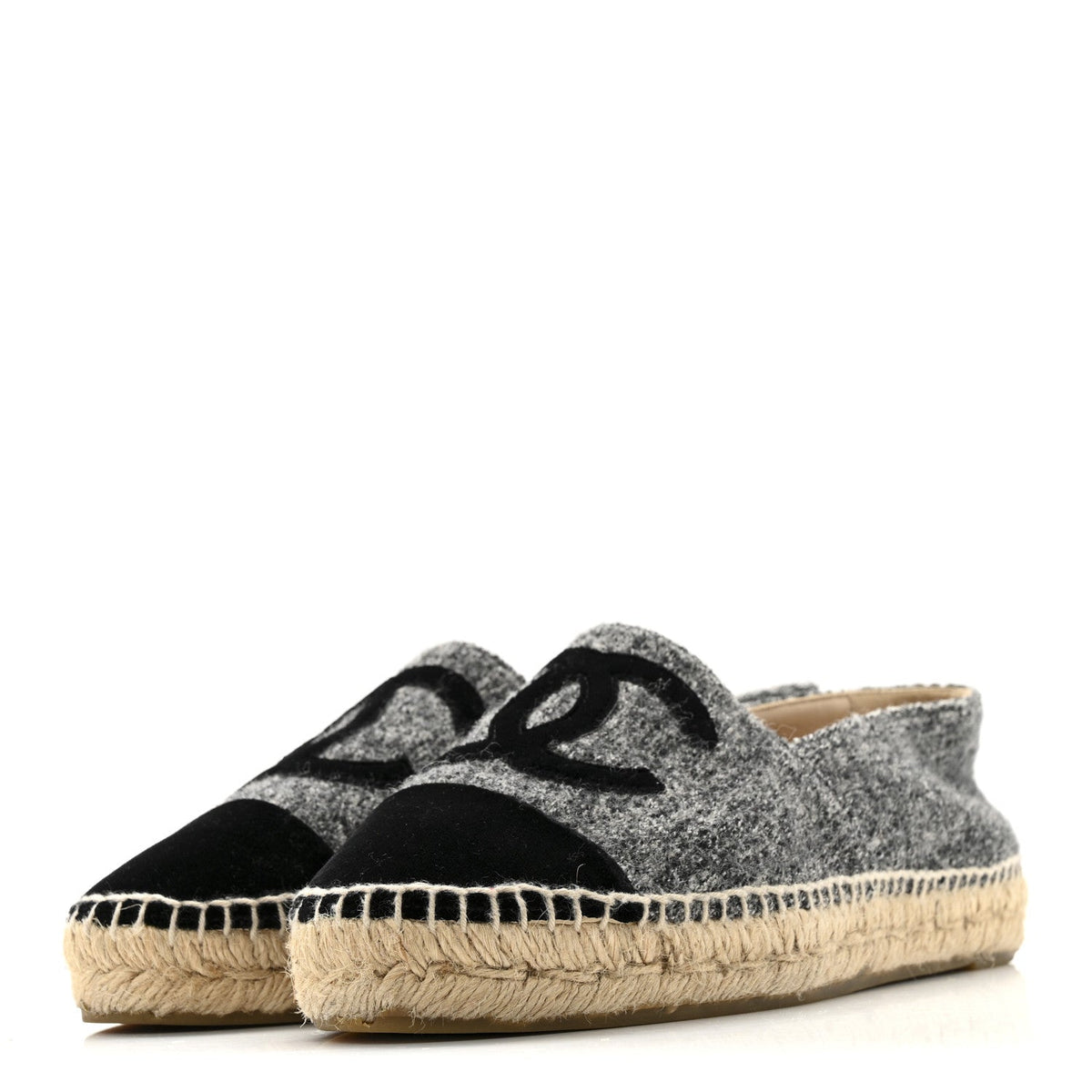 Chanel Tweed Velvet Women's CC Espadrilles 38 Grey Black