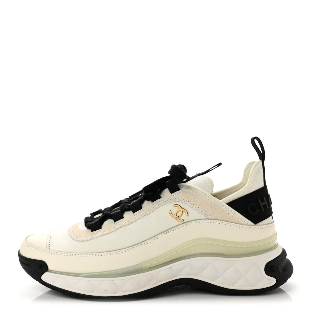 Chanel Velvet Calfskin Mixed Fibers Women's CC Sneakers 37.5 Ivory Black