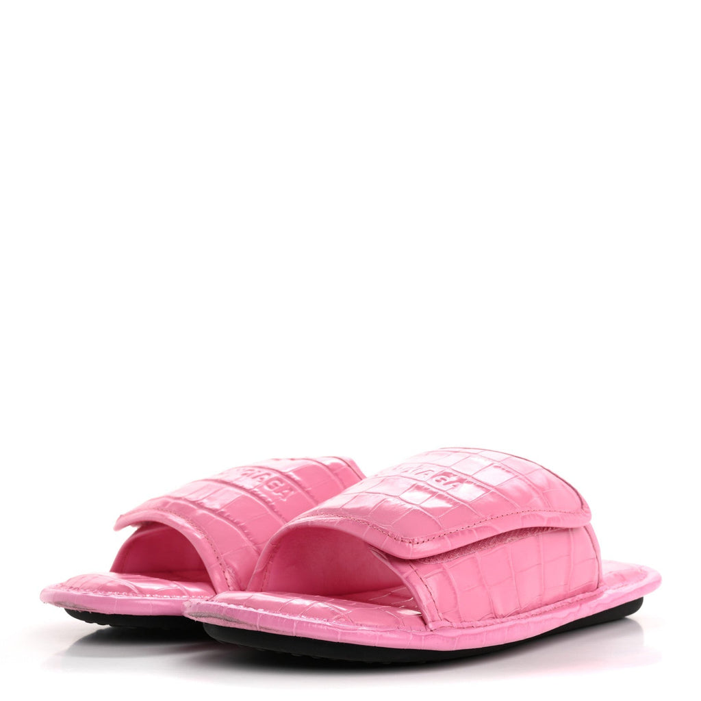 Balenciaga Crocodile Embossed Calfskin Logo Women's Slides 40 Fuxia