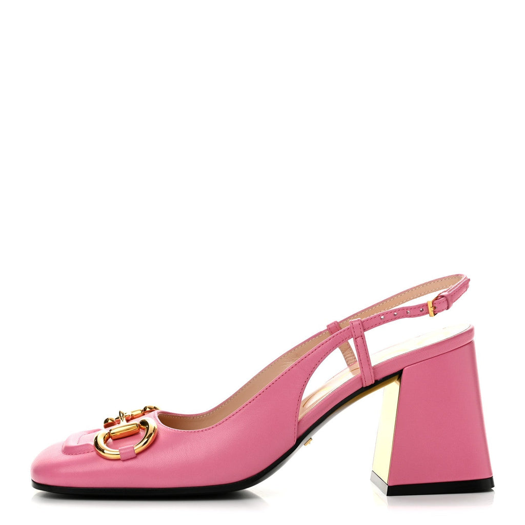 Gucci Malaga Kid Women's Horsebit Slingback Pumps 37.5 Pink