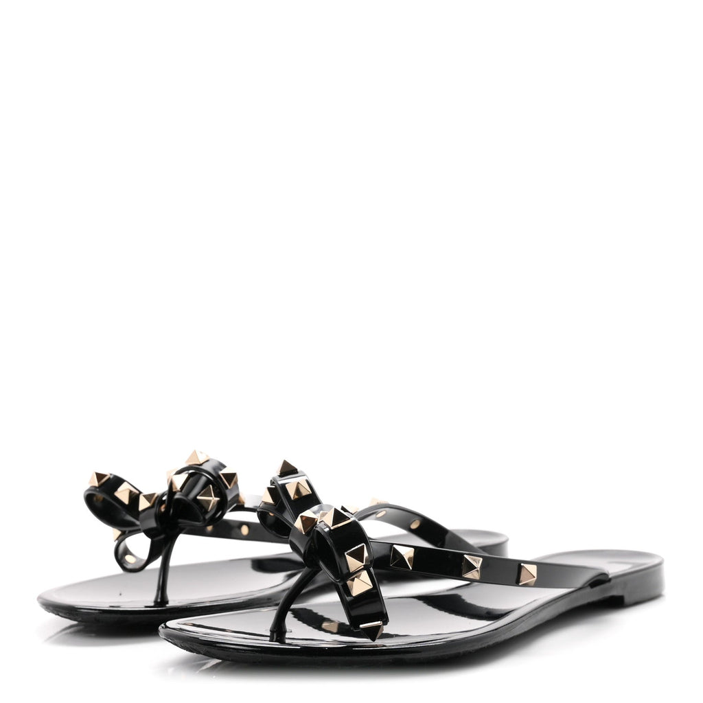 Valentino Garavani PVC Jelly Women's Rockstud Bow Thong Sandals 40 Black