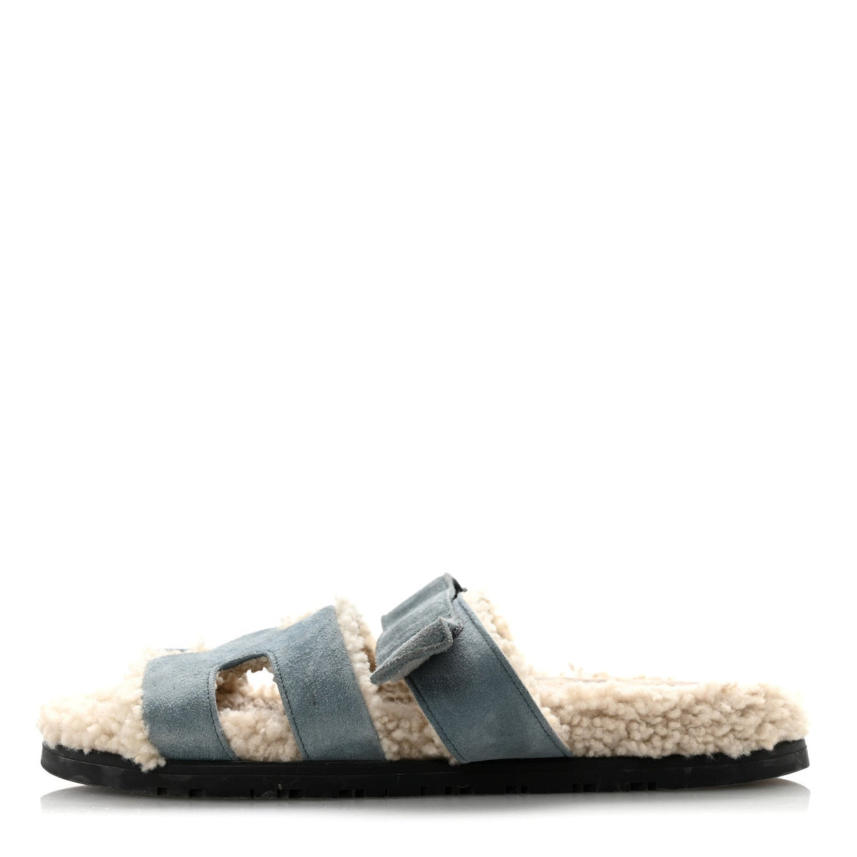 Hermes Suede Goatskin Woolskin Women's Chypre Sandals 38.5 Bleu Pinede Ecru