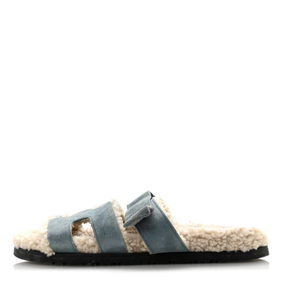 Hermes Suede Goatskin Woolskin Women's Chypre Sandals 38.5 Bleu Pinede Ecru