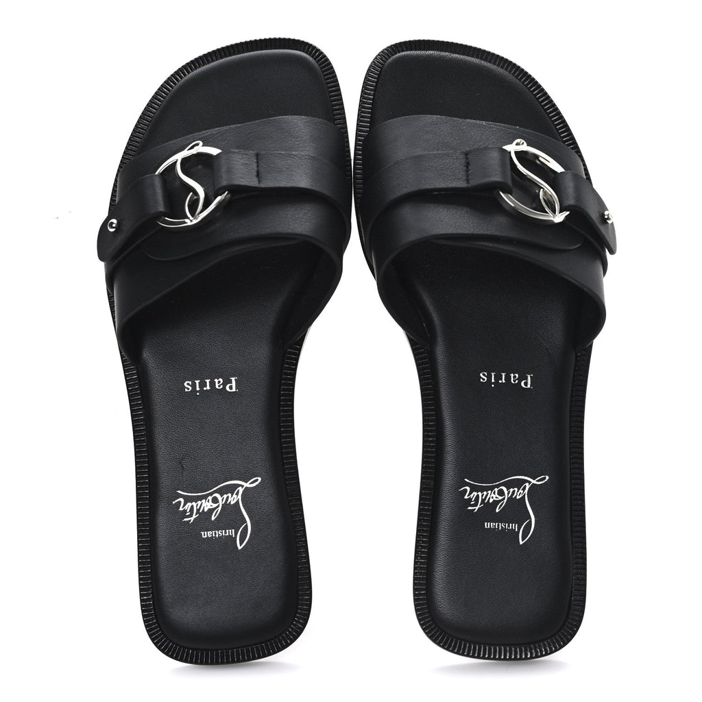 Christian Louboutin Calfskin Women's Her In Roma Flat Slides 37.5 Black