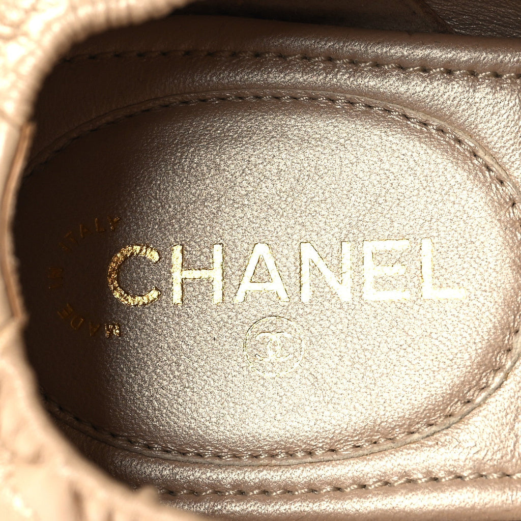 Chanel Laminated Lambskin Quilted Elastic CC Women's Loafers Beige