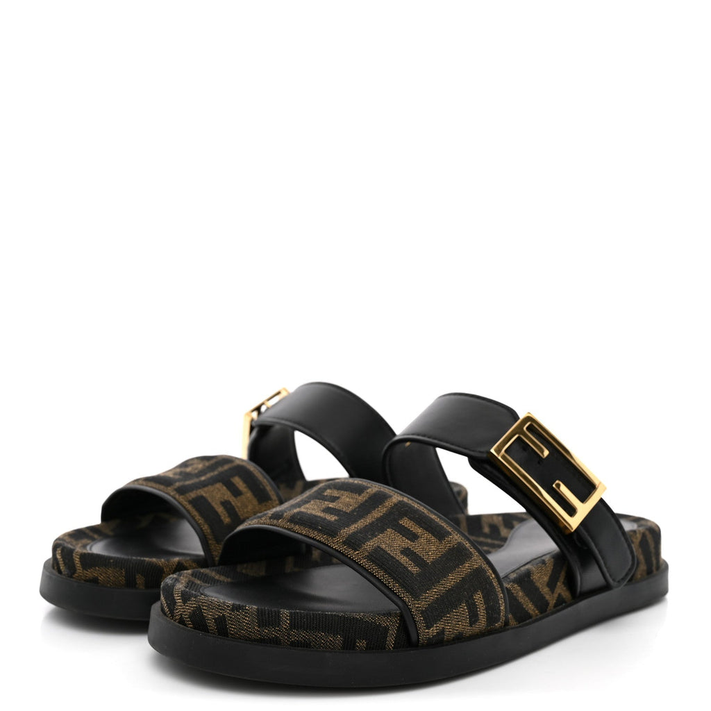 Fendi Fabric Jacquard Nappa FF Women's Feel Buckled Slide Sandals 37 Tobacco Black