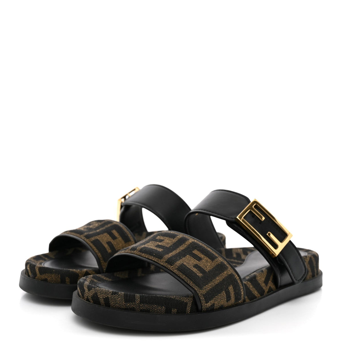 Fendi Fabric Jacquard Nappa FF Women's Feel Buckled Slide Sandals 37 Tobacco Black