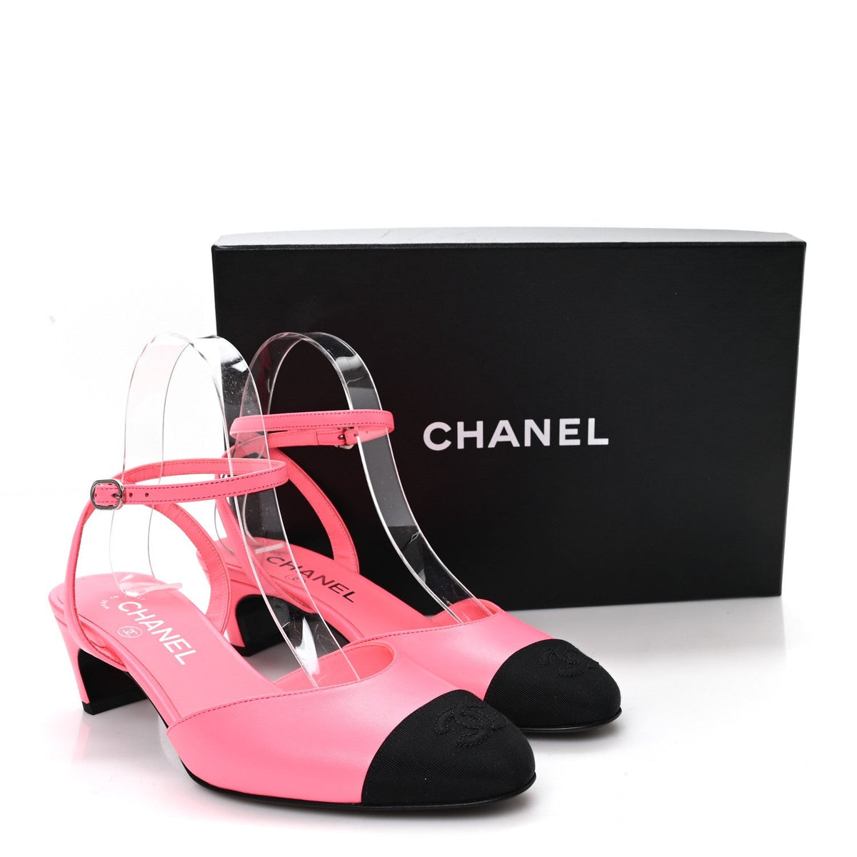 Chanel Lambskin Grosgrain Women's Cap Toe CC Slingback Pumps 37 Coral Black