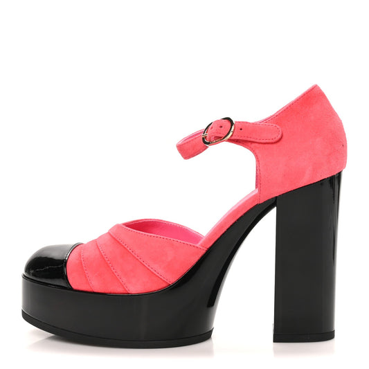 Chanel Suede Kidskin Patent Women's CC Platform Pumps 37 Dark Pink Black