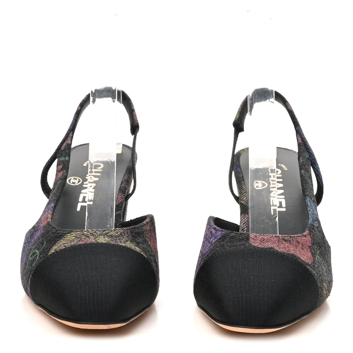 Chanel Denim Grosgrain Women's CC Slingback Pumps 37 Charcoal Multicolor