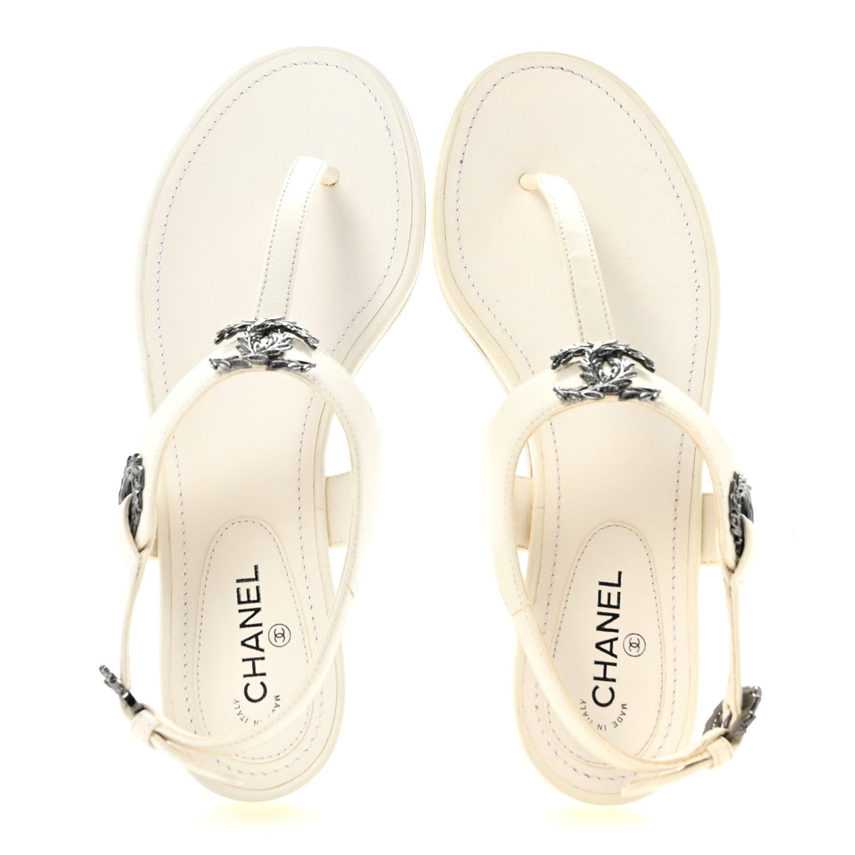Chanel Lambskin Women's CC Leaf Thong Sandals 36 White