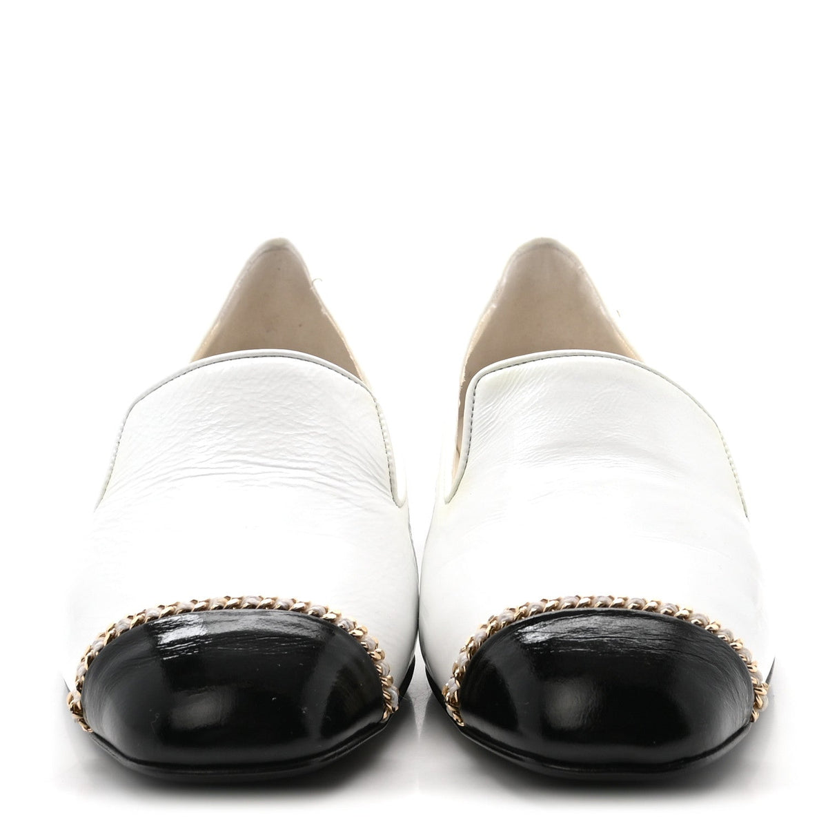 Chanel Patent Cap Toe Chain Women's Moccasin Loafers White Black