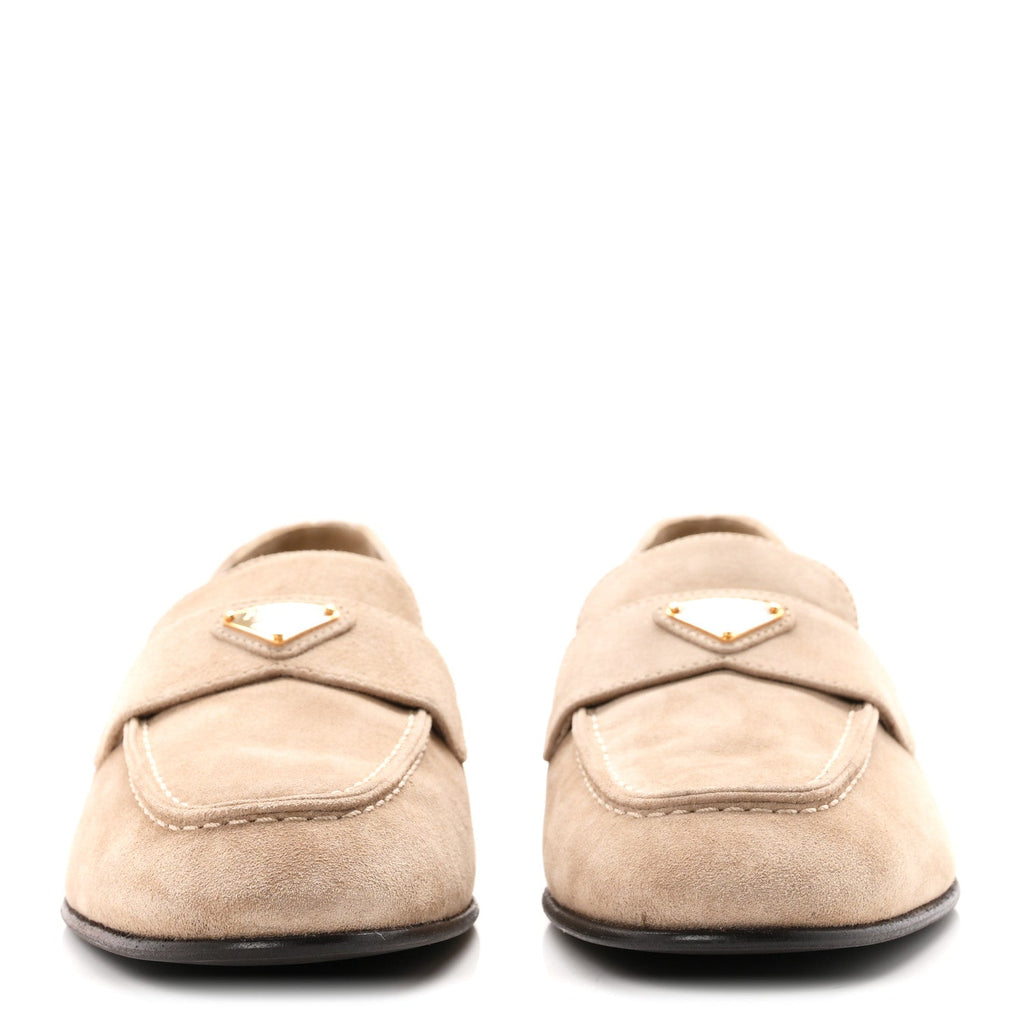 Prada Suede Calfskin Women's Metal Triangle Logo 10mm Loafers 38.5 Corda