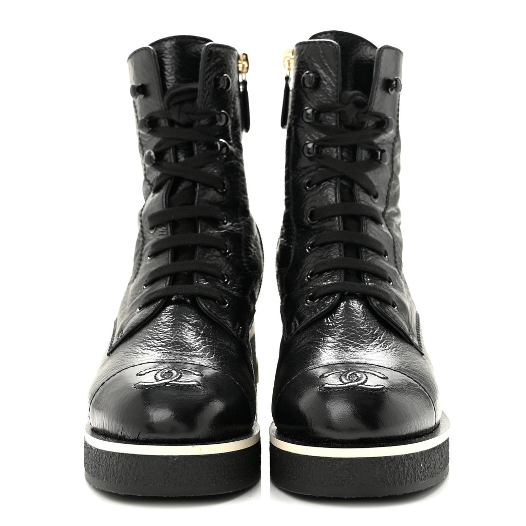 Chanel Shiny Crumpled Lambskin Lace Up Combat Women's Boots