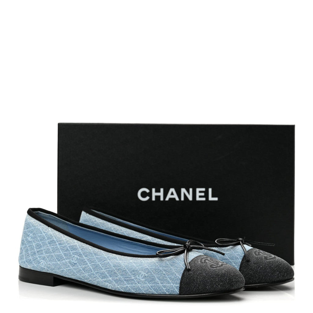 Chanel Denim Printed Quilt CC Cap Toe Women's Ballerina Flats Light Blue Dark Grey