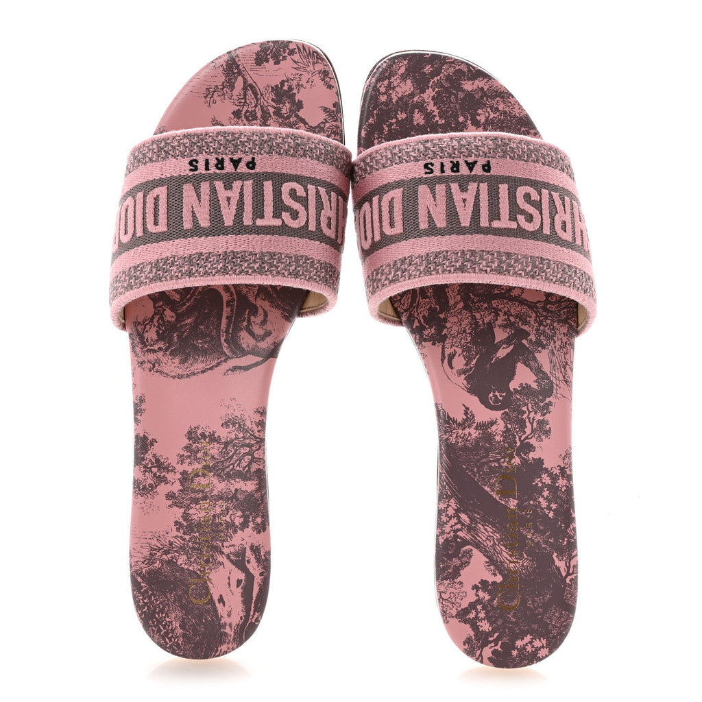 Christian Dior Canvas Women's Toile De Jouy Embroidered Dway Flat Slide Sandals 37.5 Chateau Rose