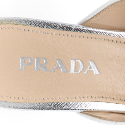 Prada Metallic Saffiano Crisscross Women's Platform Sandals 34.5 Silver
