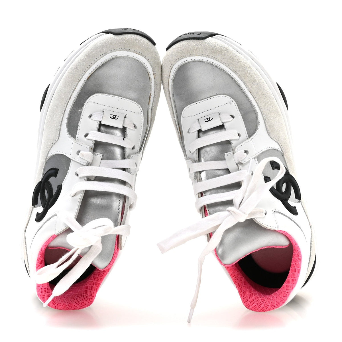Chanel Calfskin Fabric Women's Sneakers 37.5 White Silver Fluo Pink