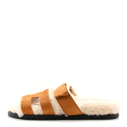 Hermes Suede Goatskin Woolskin Women's Chypre Sandals Naturel Ecru