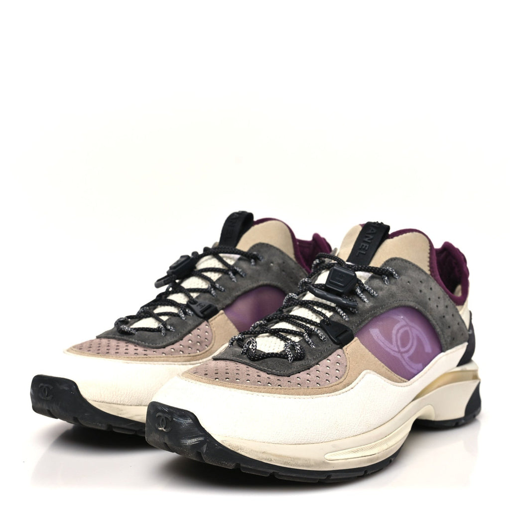 Chanel Fabric Suede Calfskin Mesh Women's CC Sneakers 42 White Grey Purple