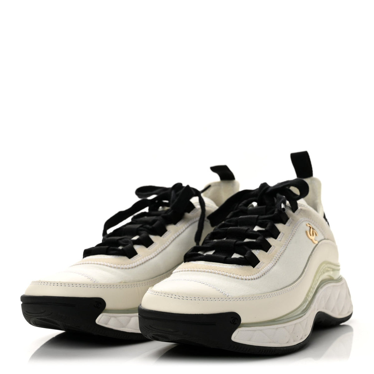 Chanel Velvet Calfskin Mixed Fibers Women's CC Sneakers 37.5 Ivory Black