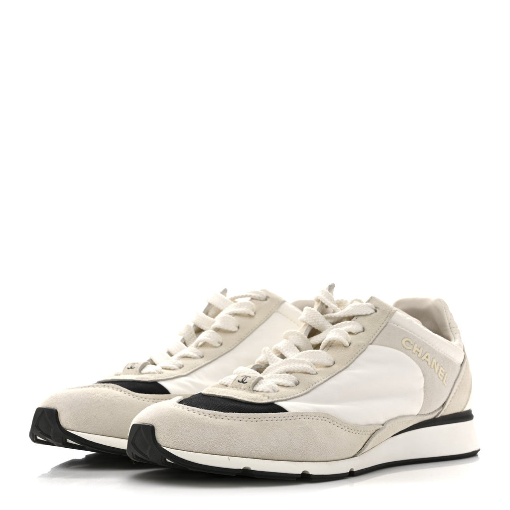 Chanel Nylon Suede Kidskin Calfskin Women's Logo Sneakers 37.5 White Black