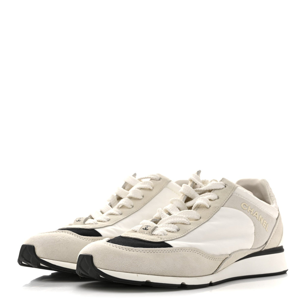 Chanel Nylon Suede Kidskin Calfskin Women's Logo Sneakers 37.5 White Black