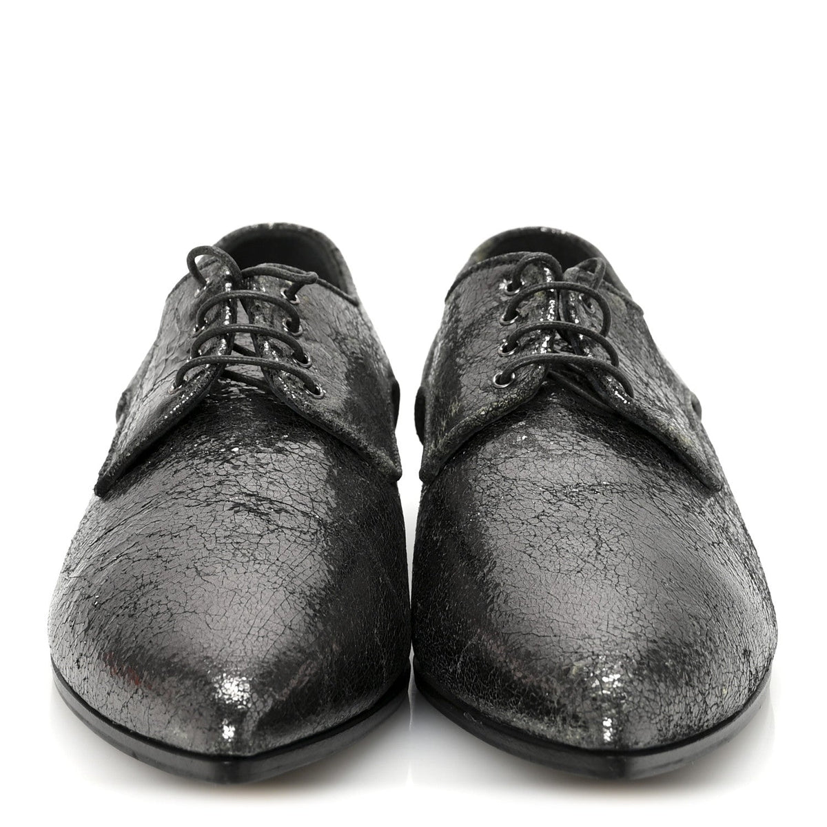 Miu Miu Crinkled Patent Women's Lace Up Oxford Flats 37.5 Dark Silver