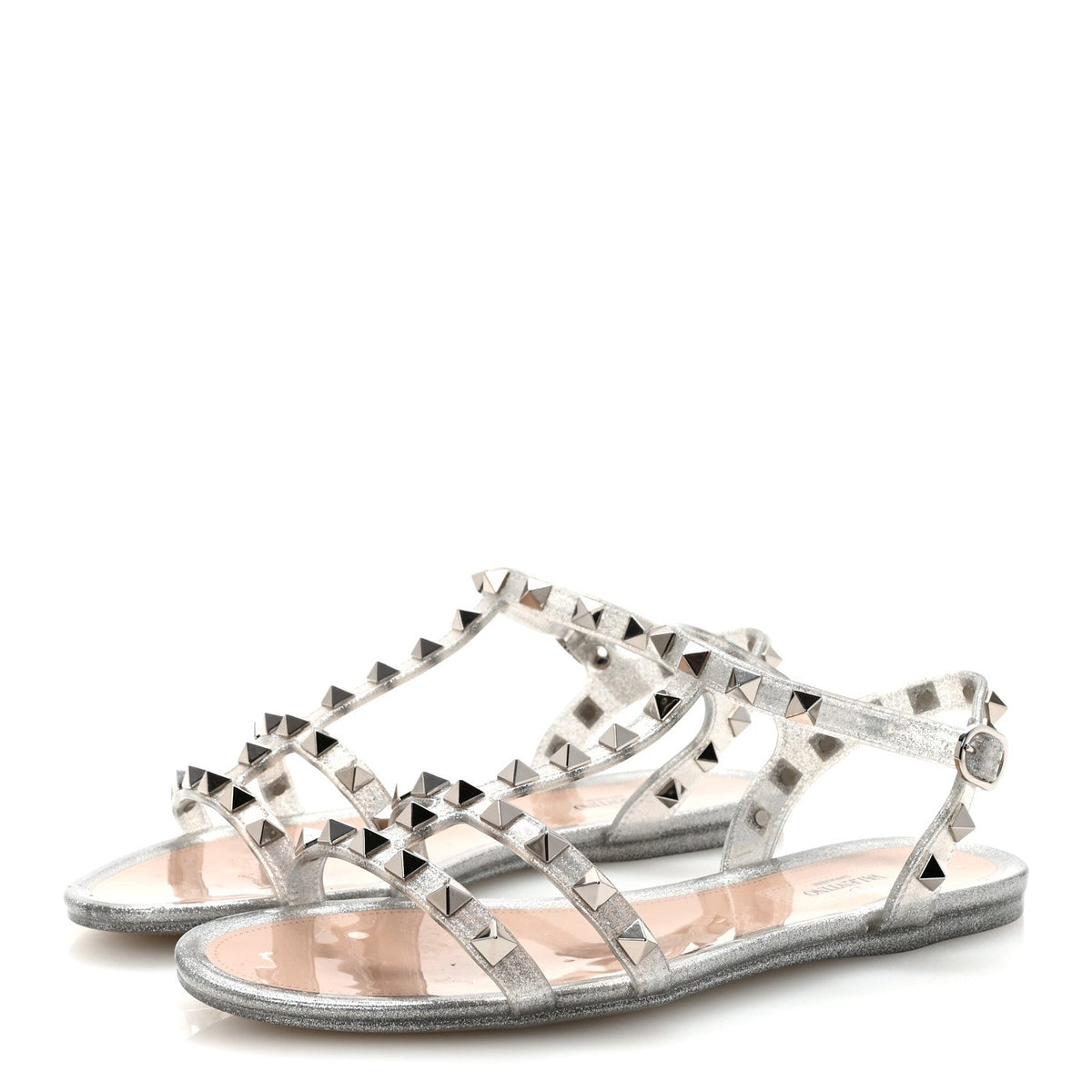 Valentino Garavani PVC Jelly Women's Glitter Rockstud Caged Flat Thong Sandals 36 Silver
