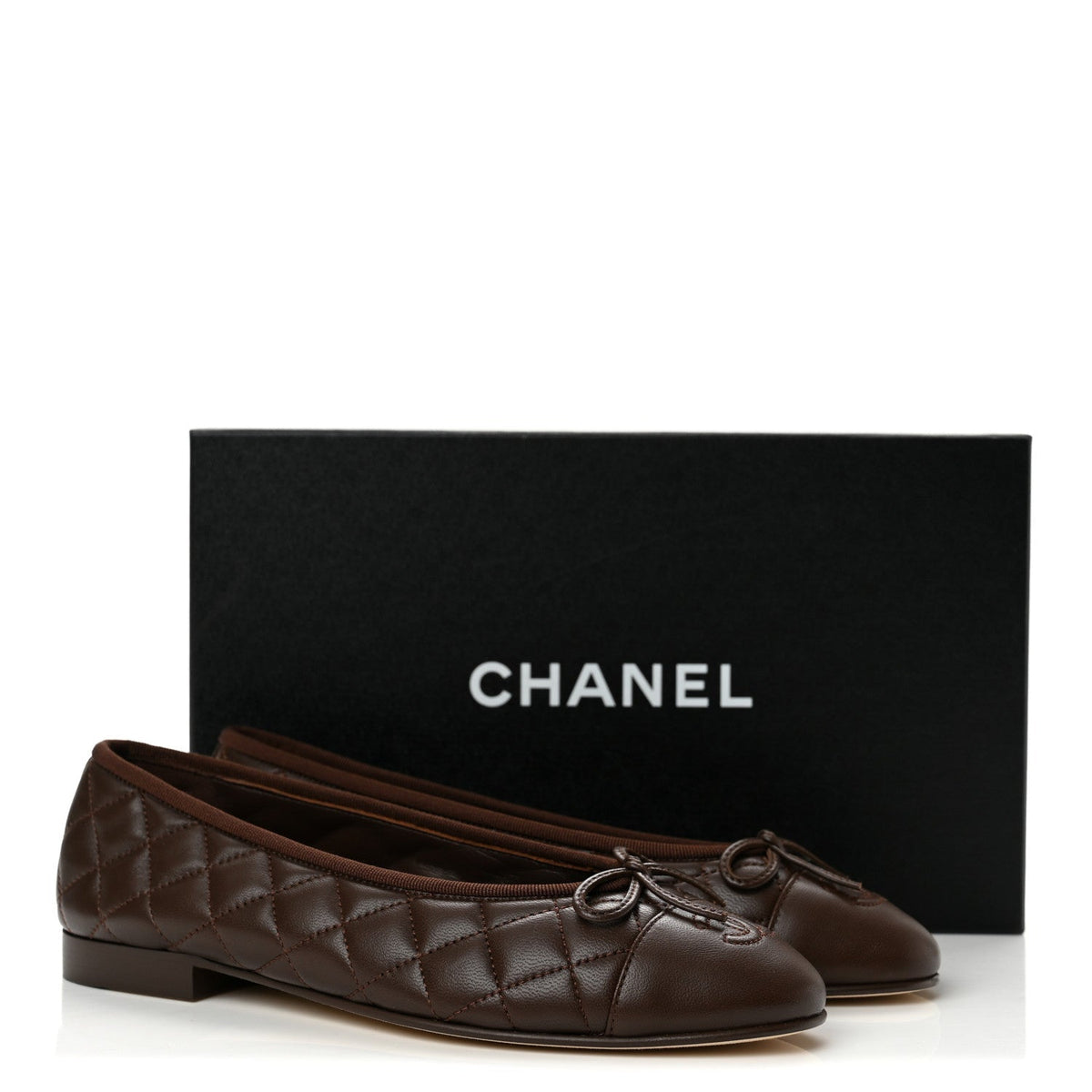 Chanel Lambskin Quilted CC Women's Ballerina Flats 38 Dark Brown