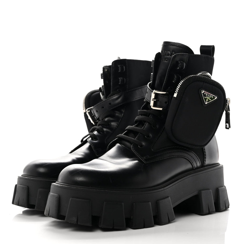 Prada Spazzolato Calfskin Nylon Women's Monolith Pouch Boots 38 Black