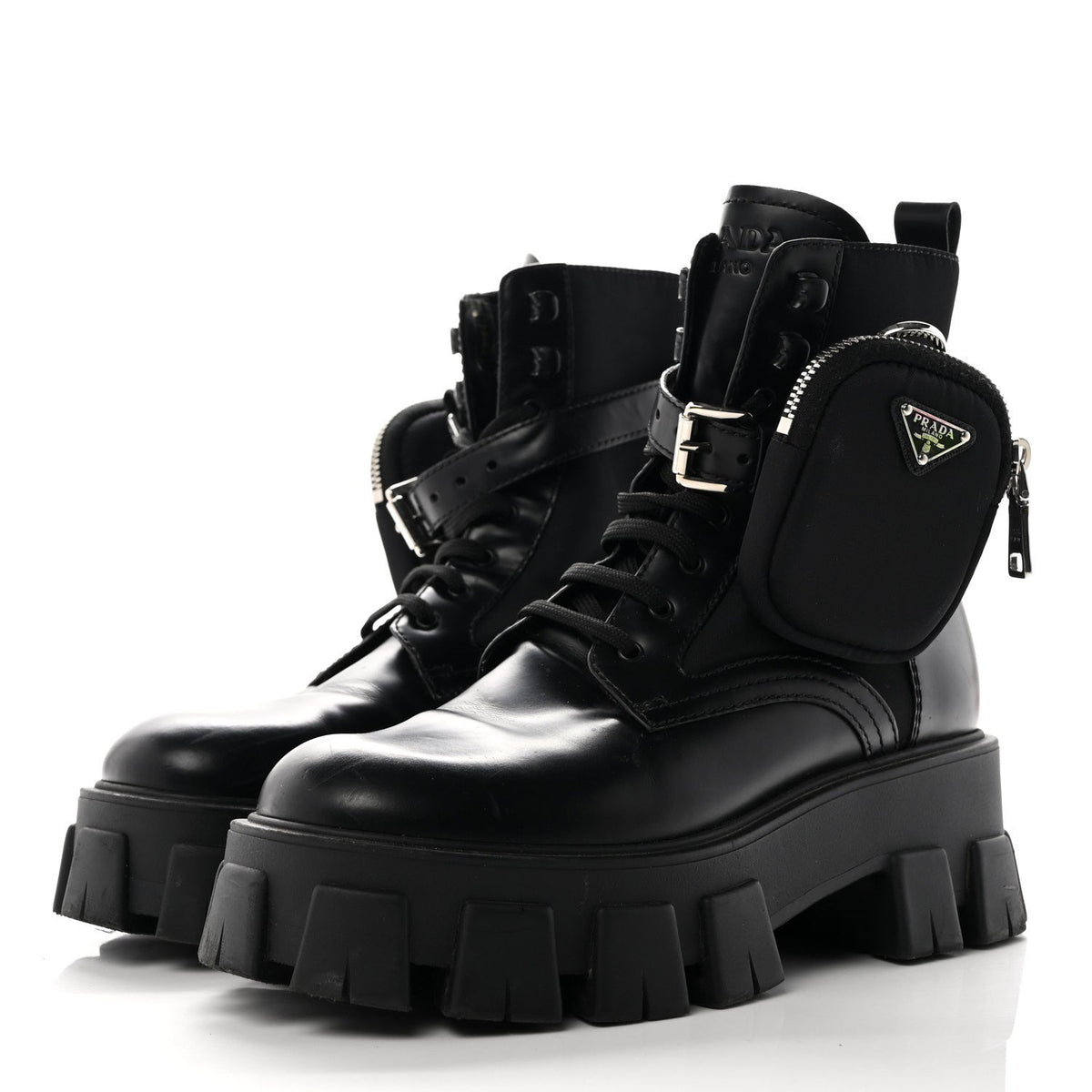 Prada Spazzolato Calfskin Nylon Women's Monolith Pouch Boots 38 Black