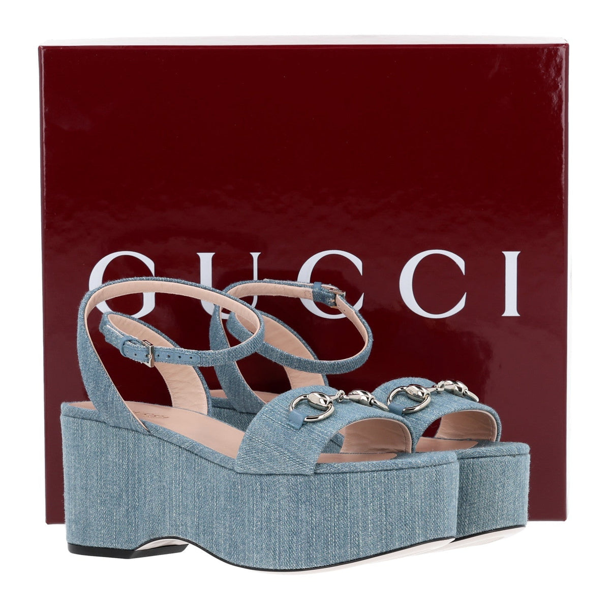 Gucci Denim Women's Horsebit Flatform Sandals 36 Old Azure
