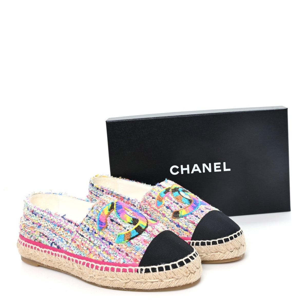 Chanel Cotton Tweed Grosgrain Women's CC Espadrilles 41 Multicolor Black