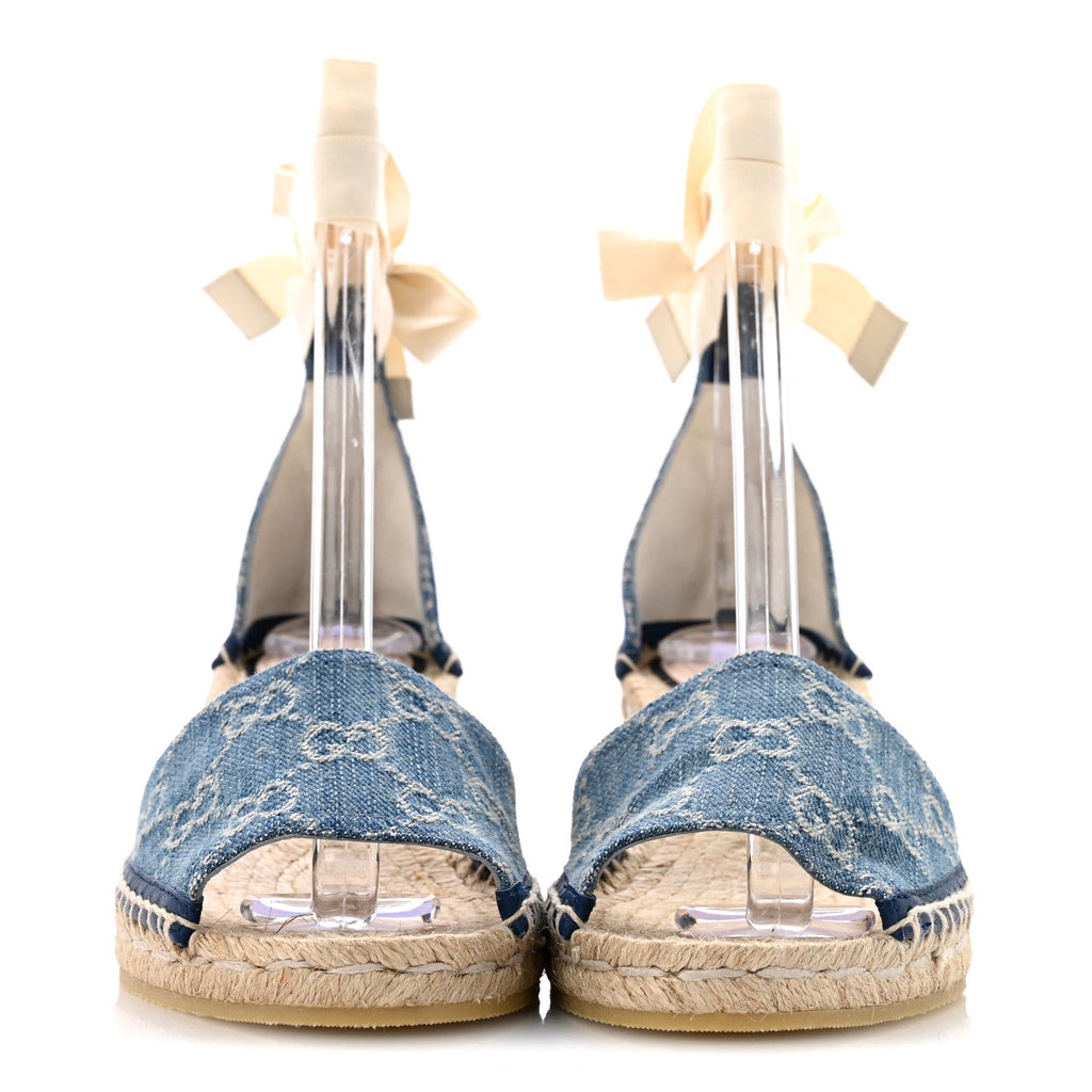 Gucci Denim GG Monogram Women's Pilar Espadrille Wedge Sandals 37 Light Blue