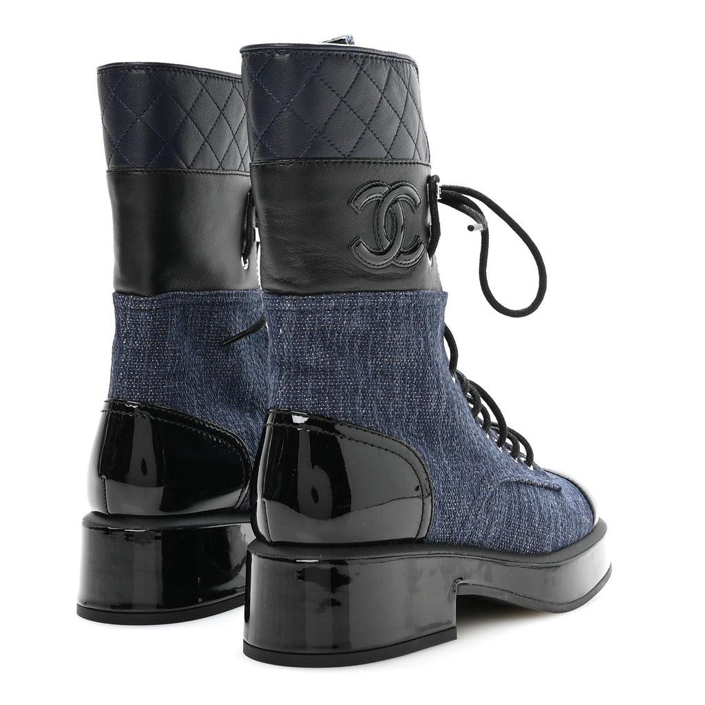 Chanel Fabric Patent Lambskin Women's Quilted CC Lace Up Combat Boots 36.5 Navy Blue Black