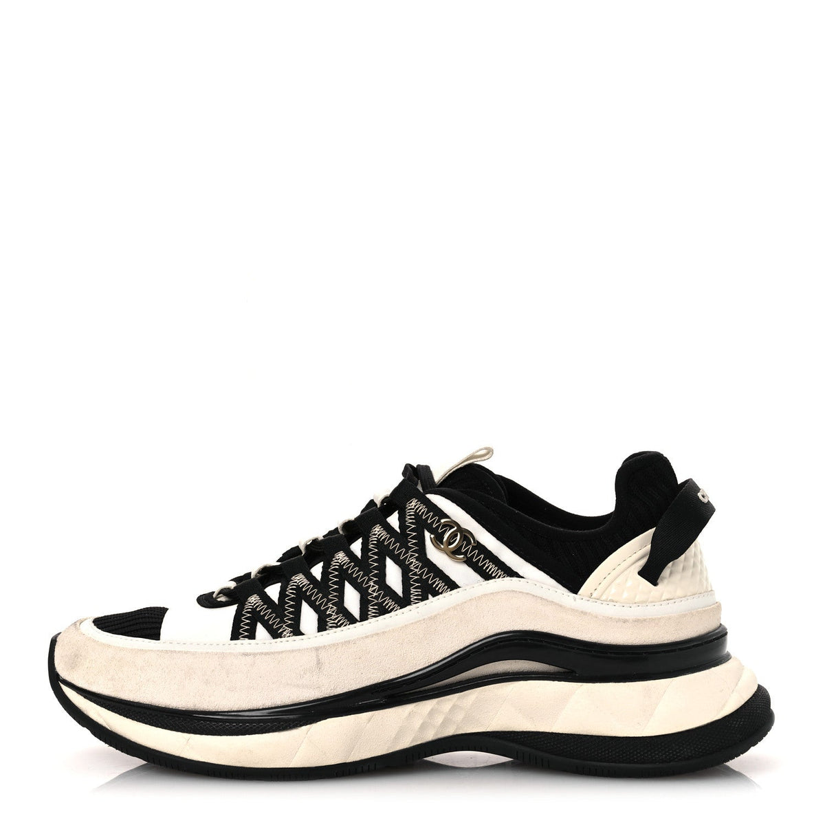 Chanel Fabric Suede Calfskin Women's CC Sneakers 39.5 White Black