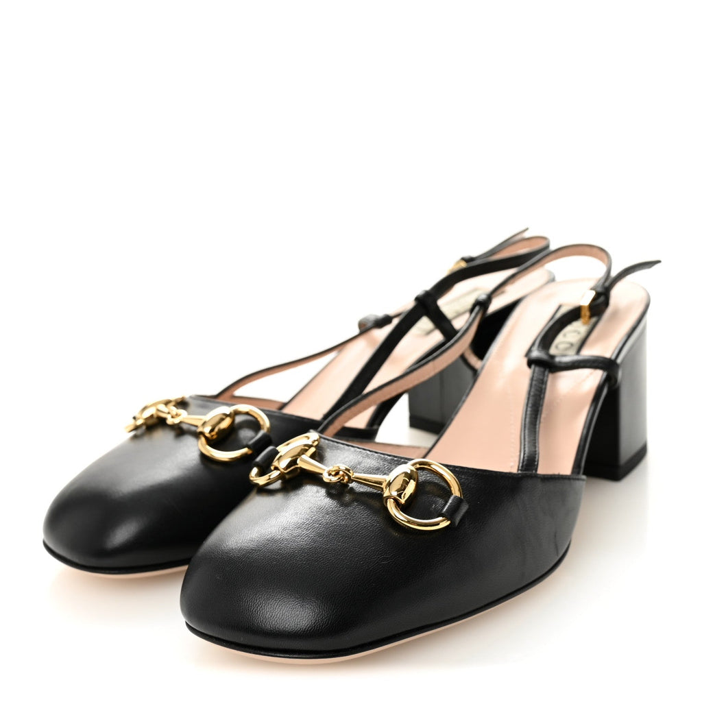 Gucci Malaga Kid Calfskin Women's Horsebit 70mm Slingback Pumps 36 Black