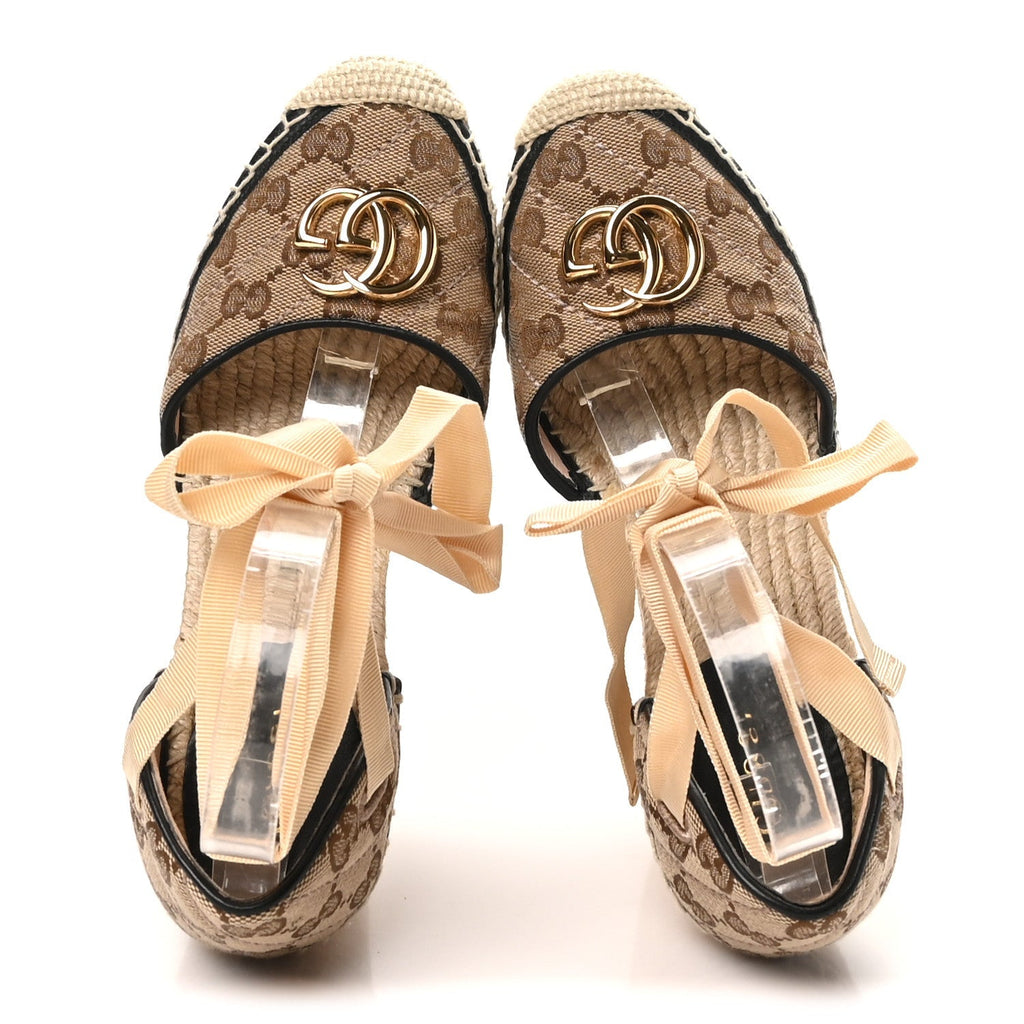 Gucci Canvas Women's GG Marmont Platform Espadrille Wedges 37.5 Beige Black