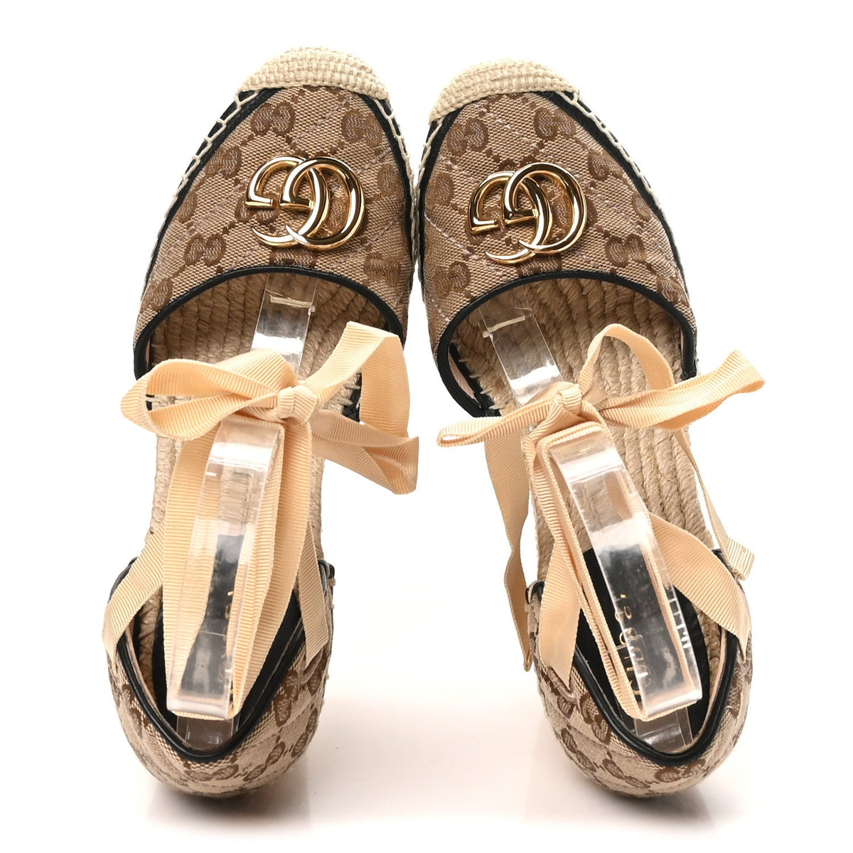 Gucci Canvas Women's GG Marmont Platform Espadrille Wedges 37.5 Beige Black