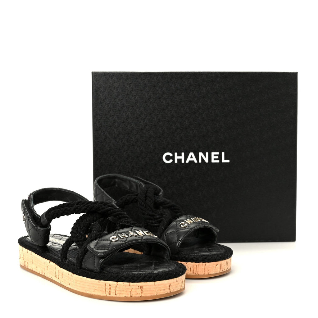 Chanel Cord Lambskin Women's Quilted Logo Sandals 37 Black
