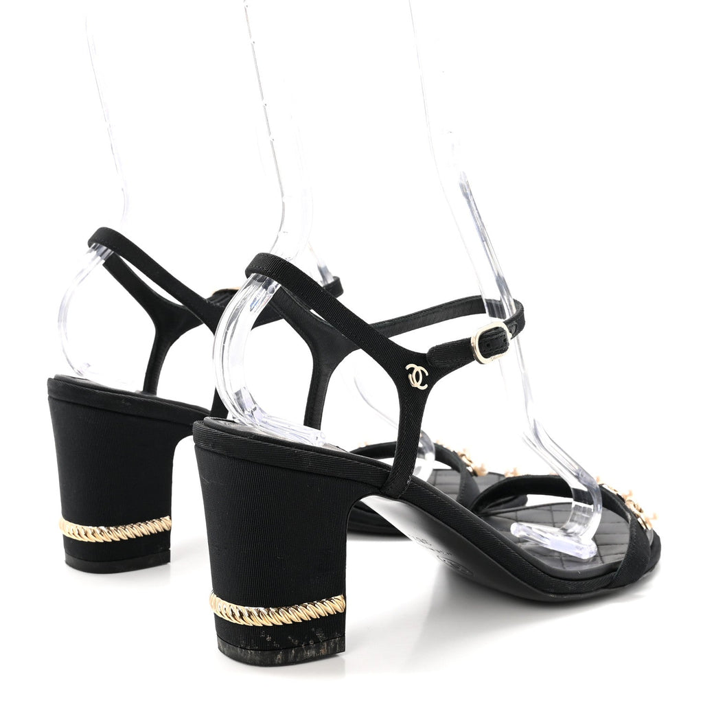 Chanel Grosgrain Pearl Chain Women's CC Sandals 38.5 Black
