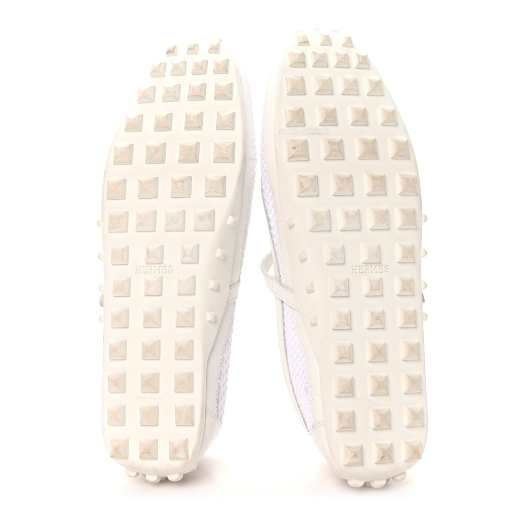 Hermes Crochet Knit Calfskin Women's Kichu Ballet Flats 39 White