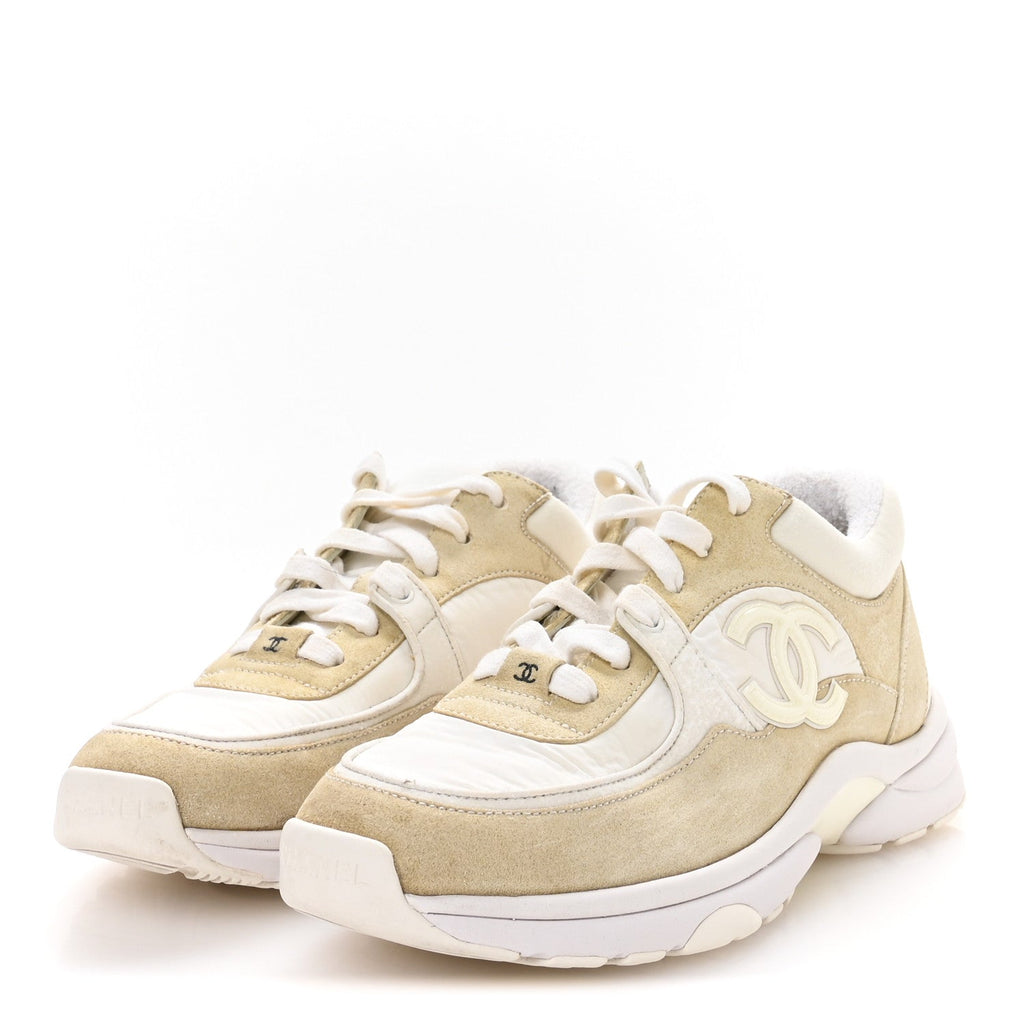 Chanel Suede Calfskin Fabric Women's CC Sneakers 37.5 White