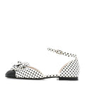 Calfskin Printed Patent Cap Toe Polka Dot Camellia Mary Jane Flats Whi