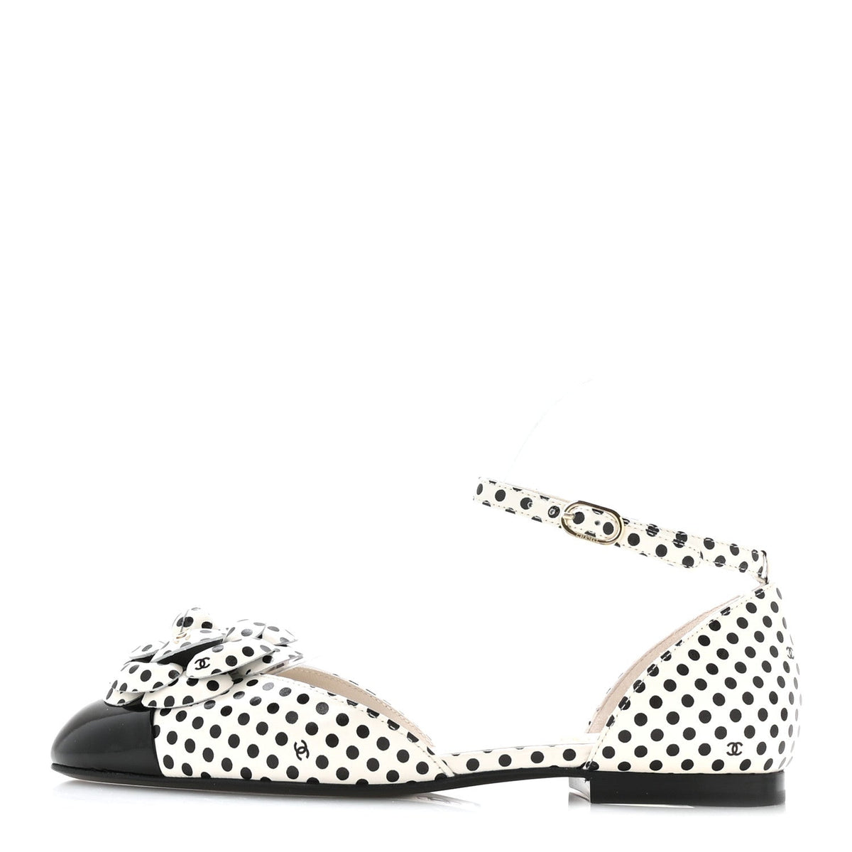 Calfskin Printed Patent Cap Toe Polka Dot Camellia Mary Jane Flats Whi