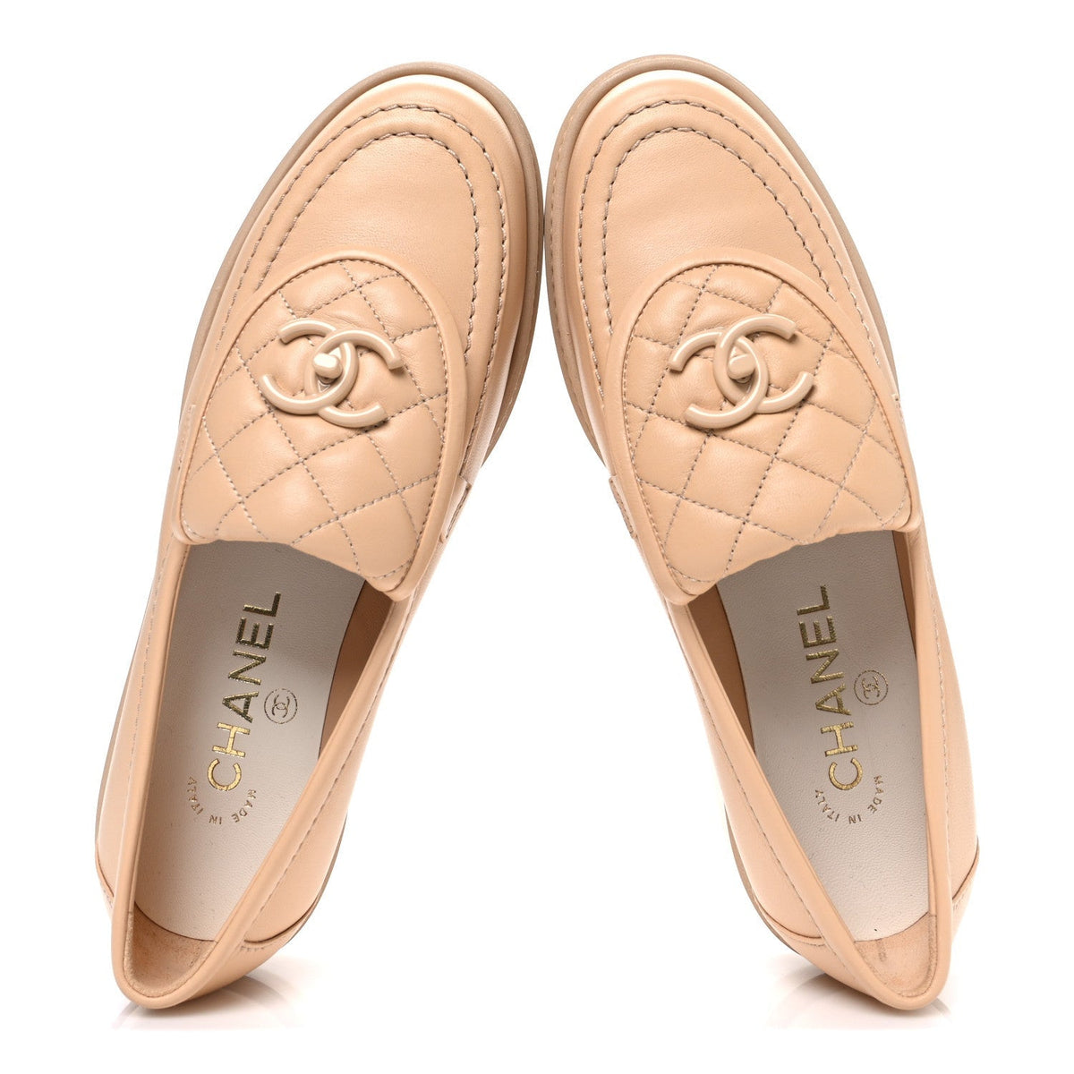 Chanel Lambskin Quilted CC Turnlock Beige Women's Moccasins