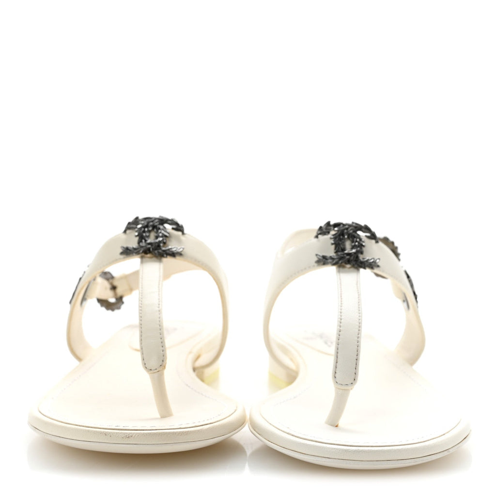 Chanel Lambskin Women's CC Leaf Thong Sandals 36 White