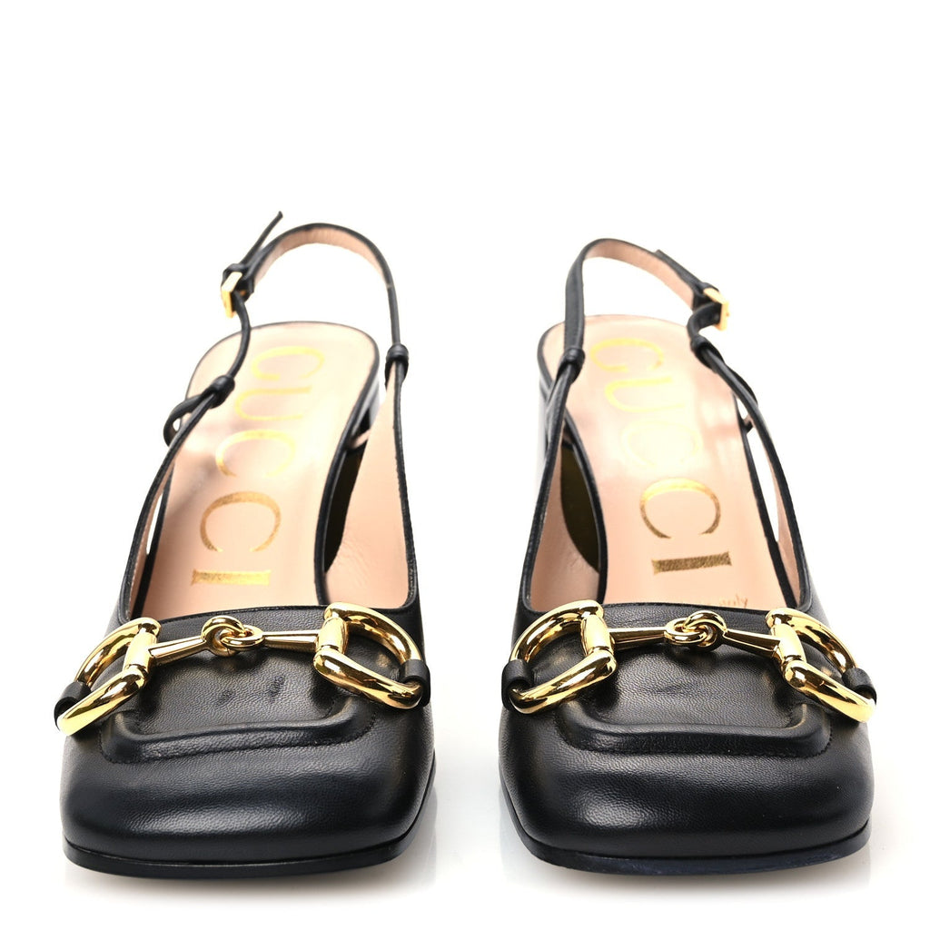 Gucci Malaga Kid Horsebit Women's 75mm Slingback Pumps 37 Black