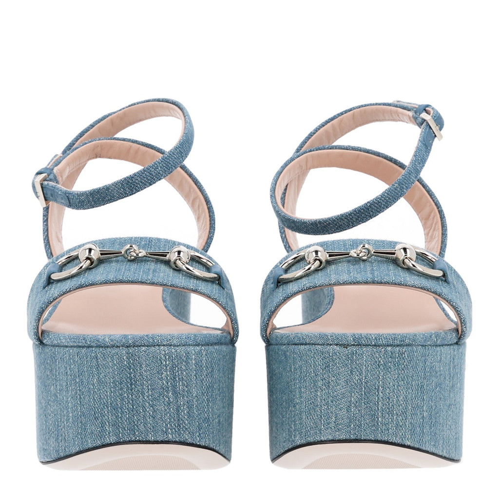 Gucci Denim Women's Horsebit Flatform Sandals 36 Old Azure